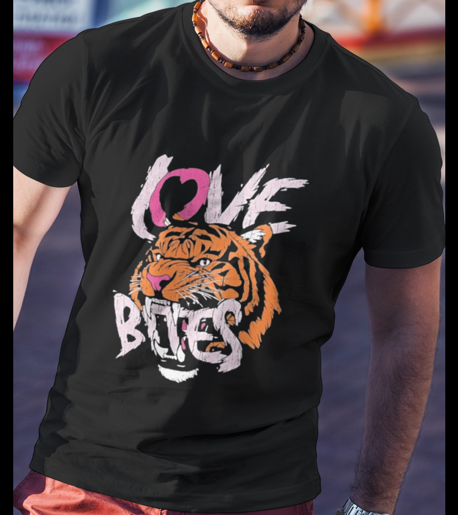 Love Bites Roaring Tiger Face Bold Pink And Orange T-Shirt