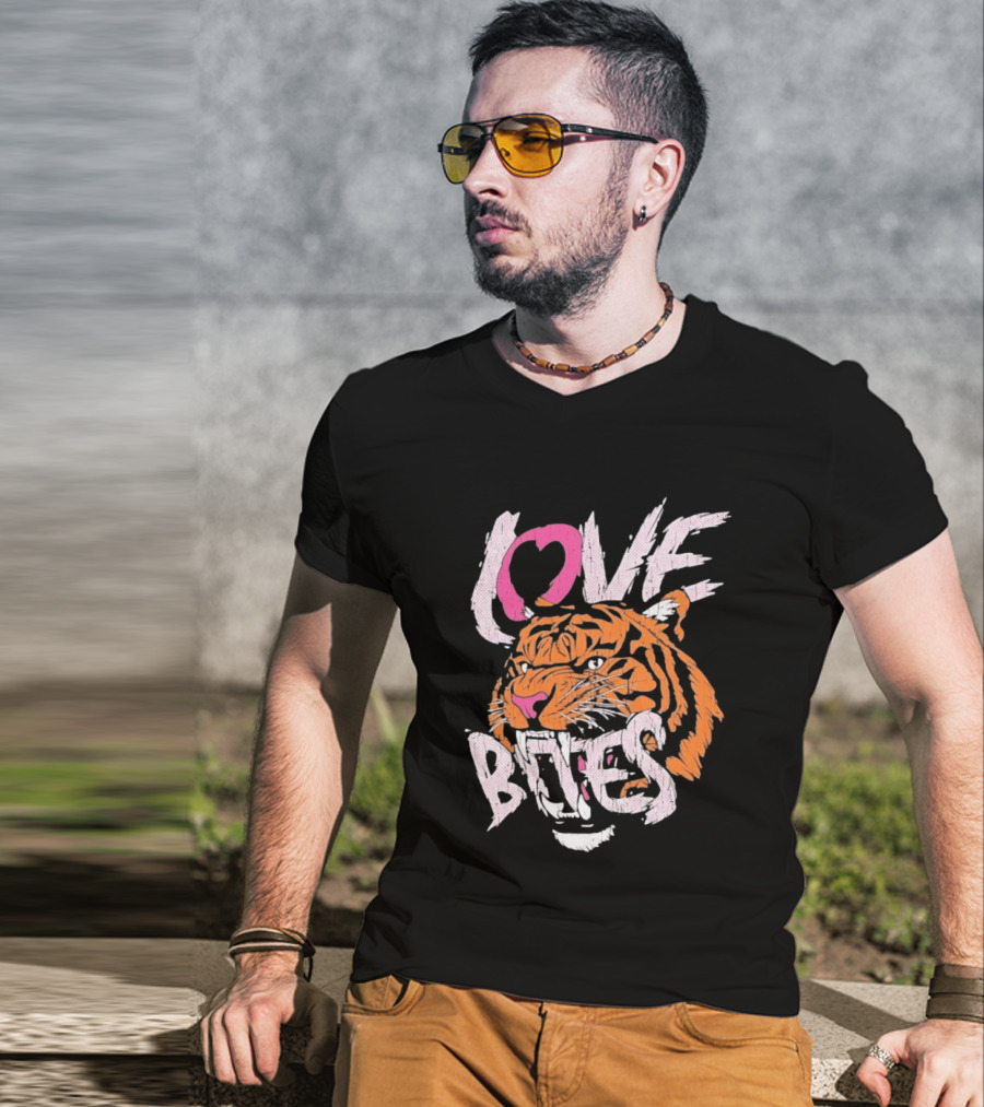 Love Bites Roaring Tiger Face Bold Pink And Orange T-Shirt