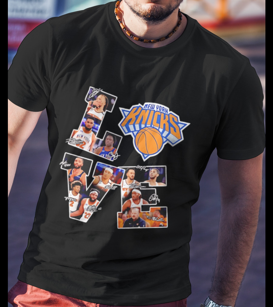 New York Knicks Players Autograph Collage Spelling LOVE With Iconic Team T-Shirt