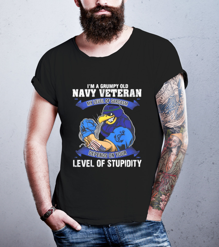 Grumpy Old Navy Veteran Sarcasm Stupidity Level Patriotic Eagle T-Shirt