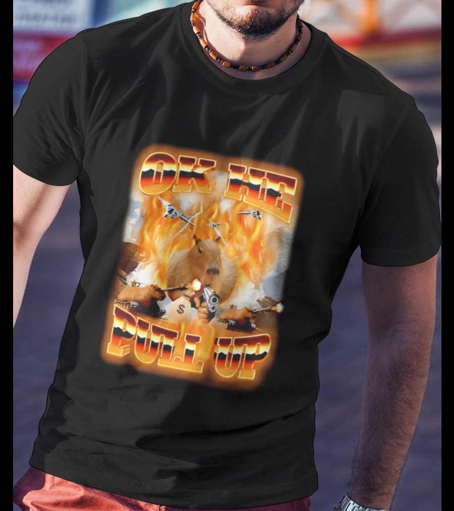 Ok He Pull Up Capybara Surrounded By Fire With Jets And Guns T-Shirt