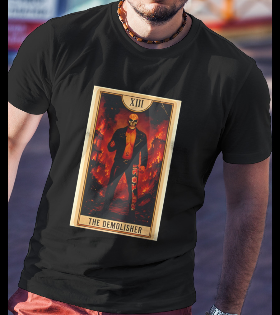 XIII The Demolisher Tarot Card Skull Masked Figure In Flames T-Shirt