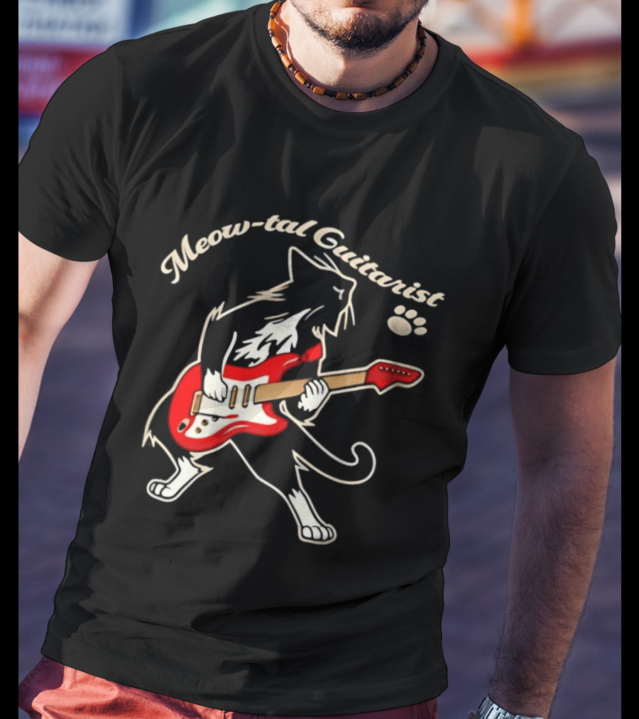 Meow Tal Guitarist Cat Playing Red Electric Guitar T-Shirt