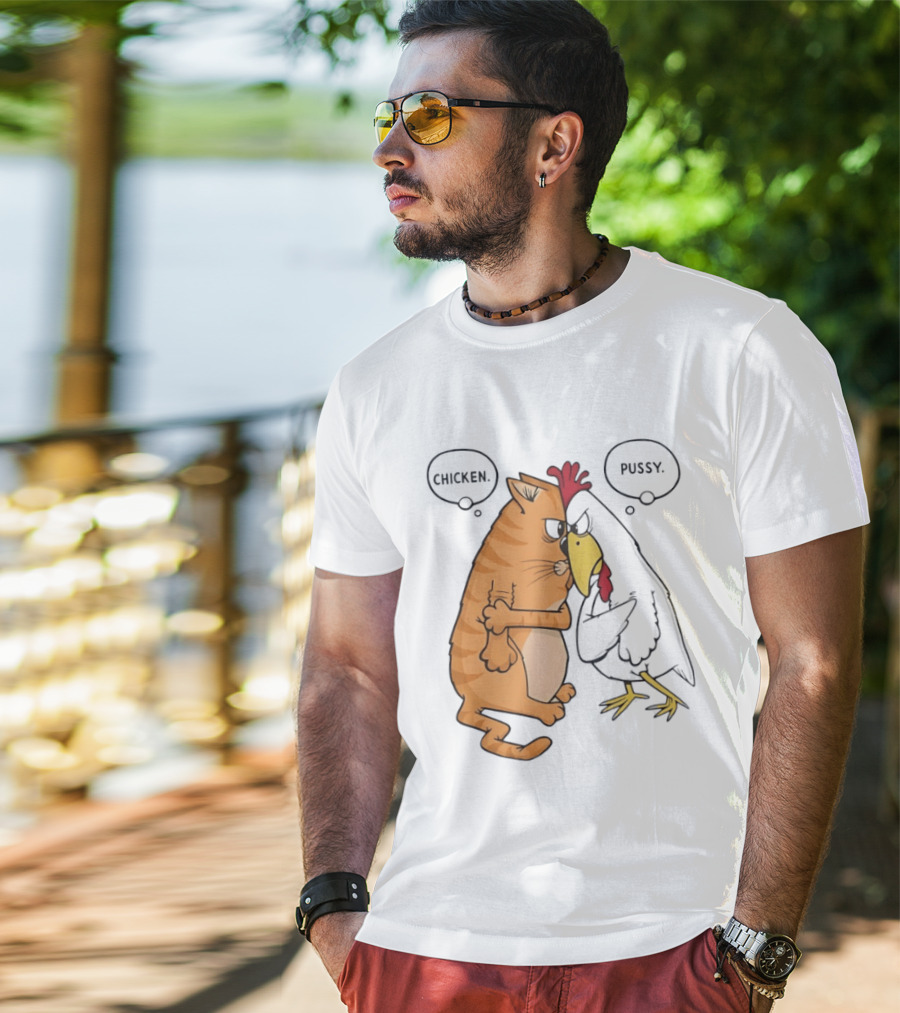 Chicken Pussy Standoff Cartoon Humor Confrontation T-Shirt