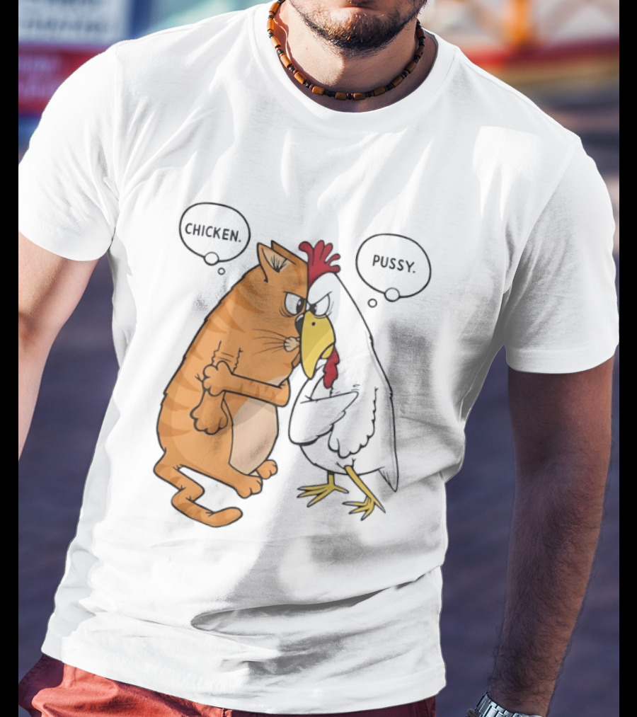 Chicken Pussy Standoff Cartoon Humor Confrontation T-Shirt