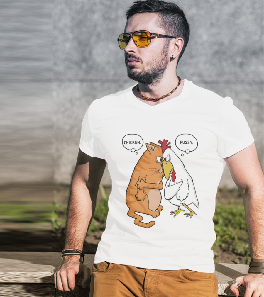 Chicken Pussy Standoff Cartoon Humor Confrontation T-Shirt