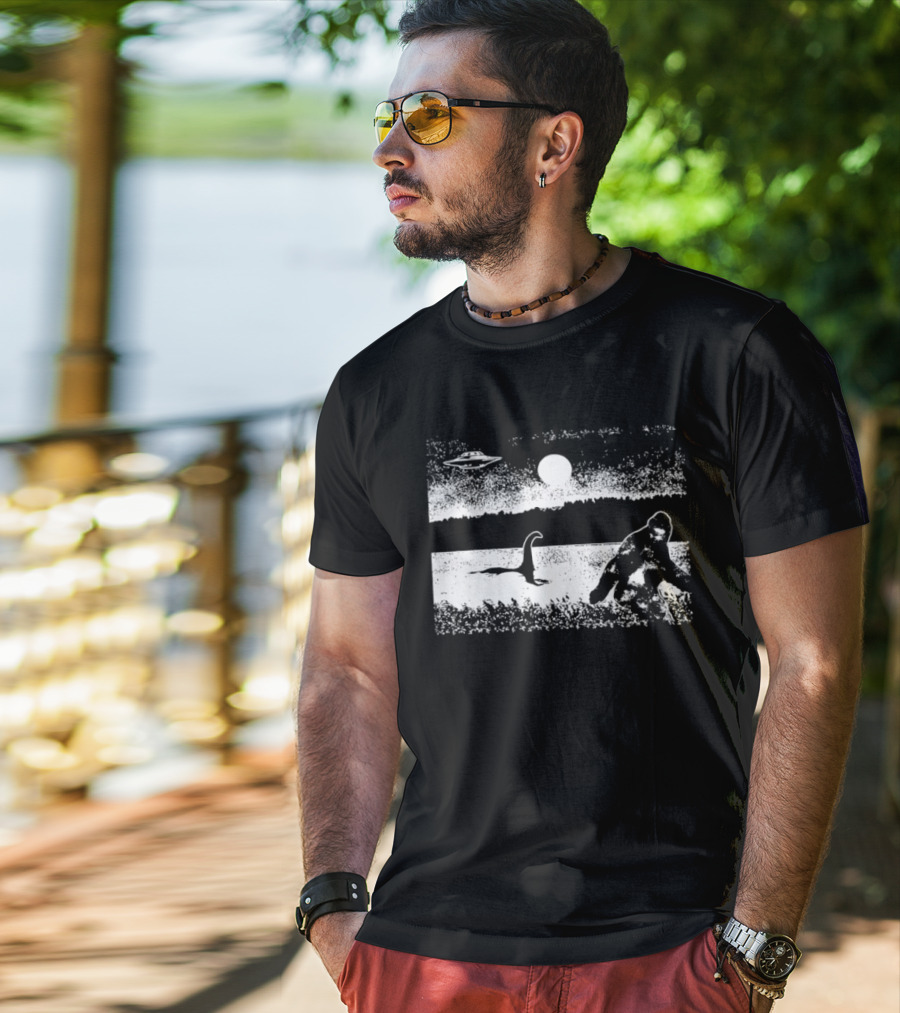 Bigfoot Nessie UFO Cryptid Creature Paranormal Mystery Nature Scene T-Shirt