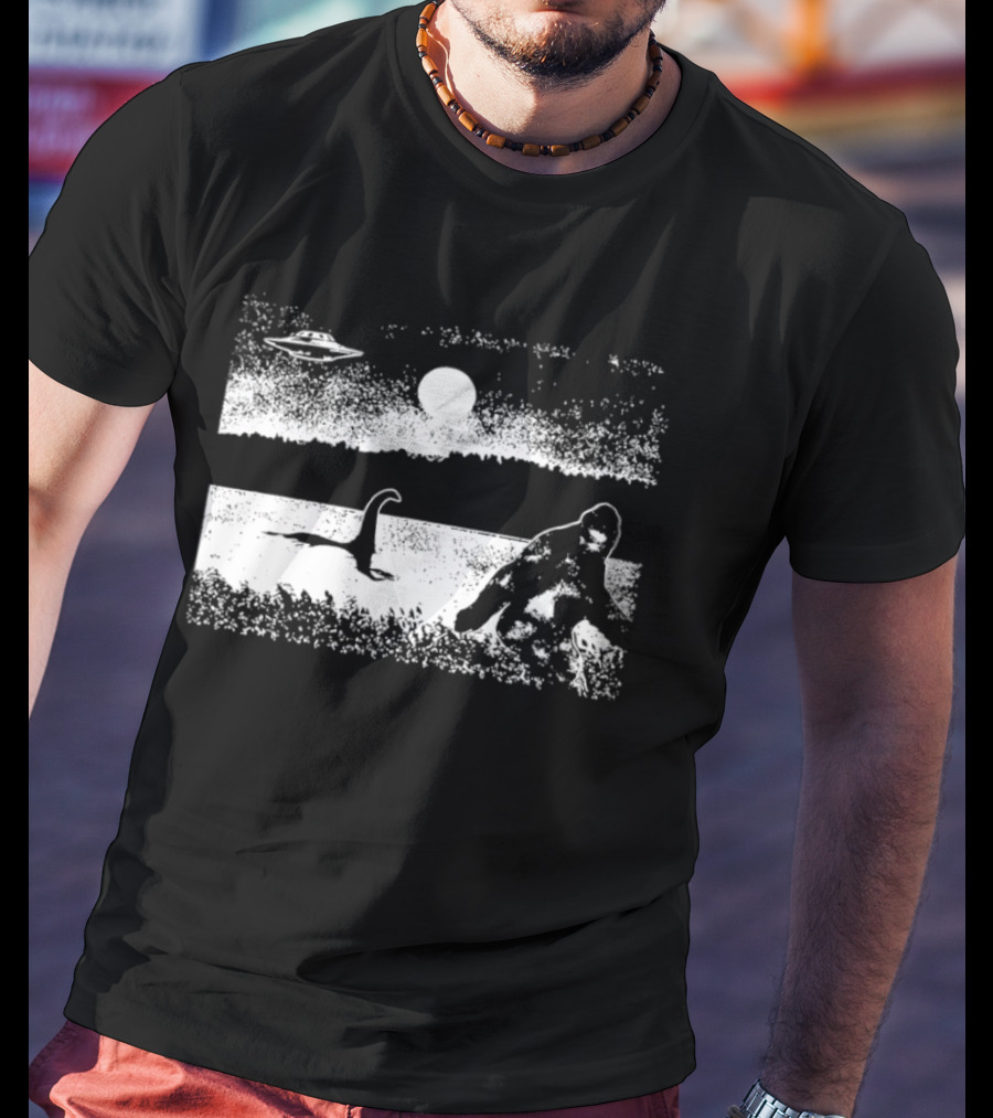 Bigfoot Nessie UFO Cryptid Creature Paranormal Mystery Nature Scene T-Shirt