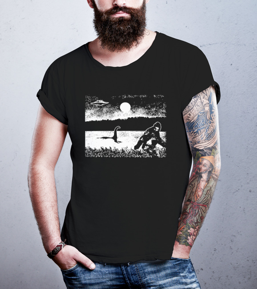 Bigfoot Nessie UFO Cryptid Creature Paranormal Mystery Nature Scene T-Shirt