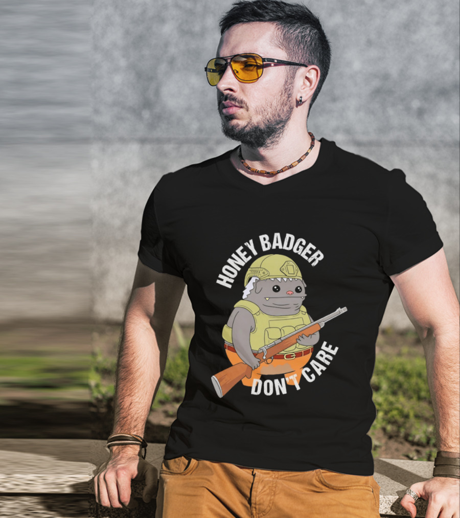 Honey Badger Don't Care Armed Cartoon T-Shirt