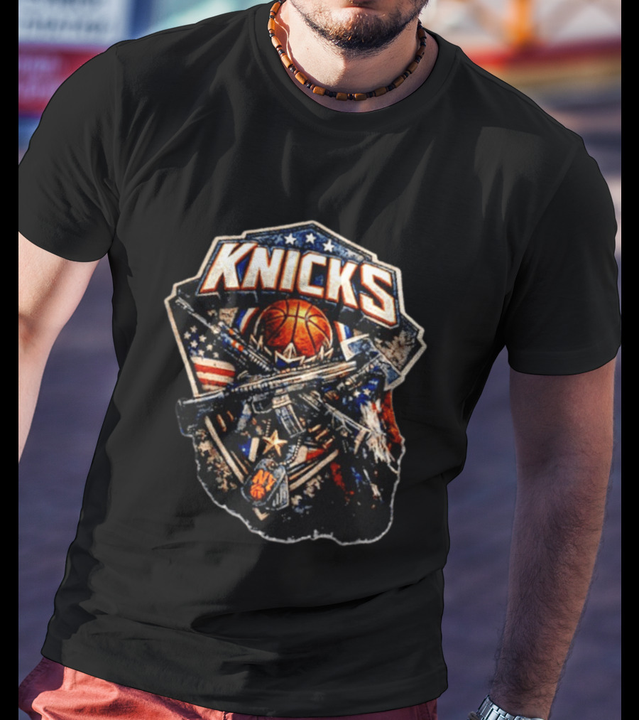 Knicks Basketball Rifles Badge American Flag Emblem NY Star T-Shirt