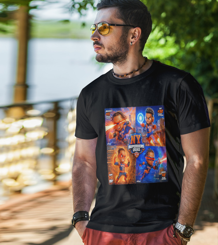 NY Superhero Quad Brunson Captain Clutch Hart Energy Heat Deuce Flash Factor Kat Towers Of Power T-Shirt