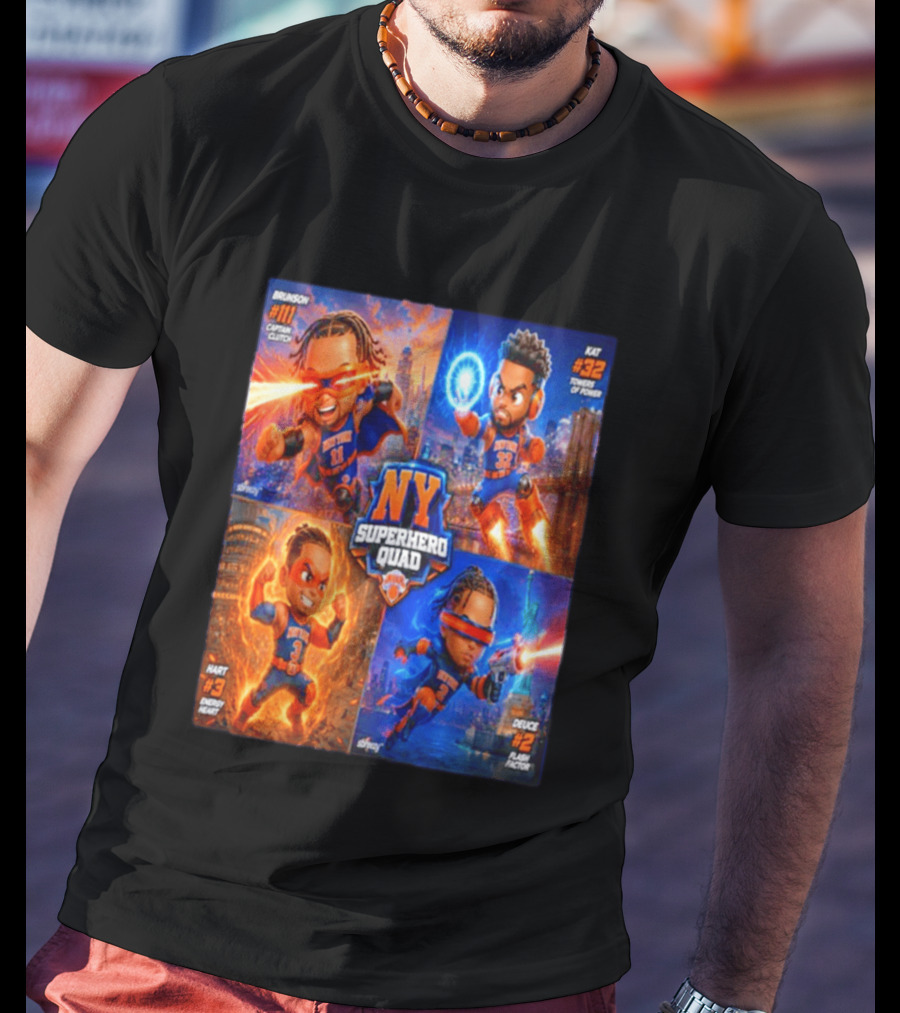 NY Superhero Quad Brunson Captain Clutch Hart Energy Heat Deuce Flash Factor Kat Towers Of Power T-Shirt