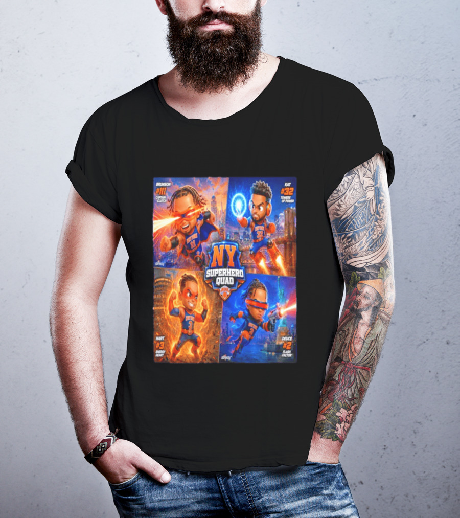 NY Superhero Quad Brunson Captain Clutch Hart Energy Heat Deuce Flash Factor Kat Towers Of Power T-Shirt