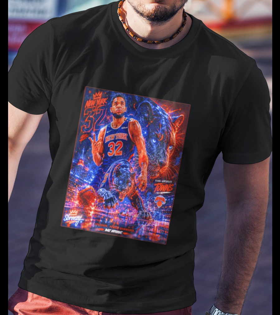New York 32 Karl Anthony Towns Panther Blossom Street Slicey NBA Knicks T-Shirt