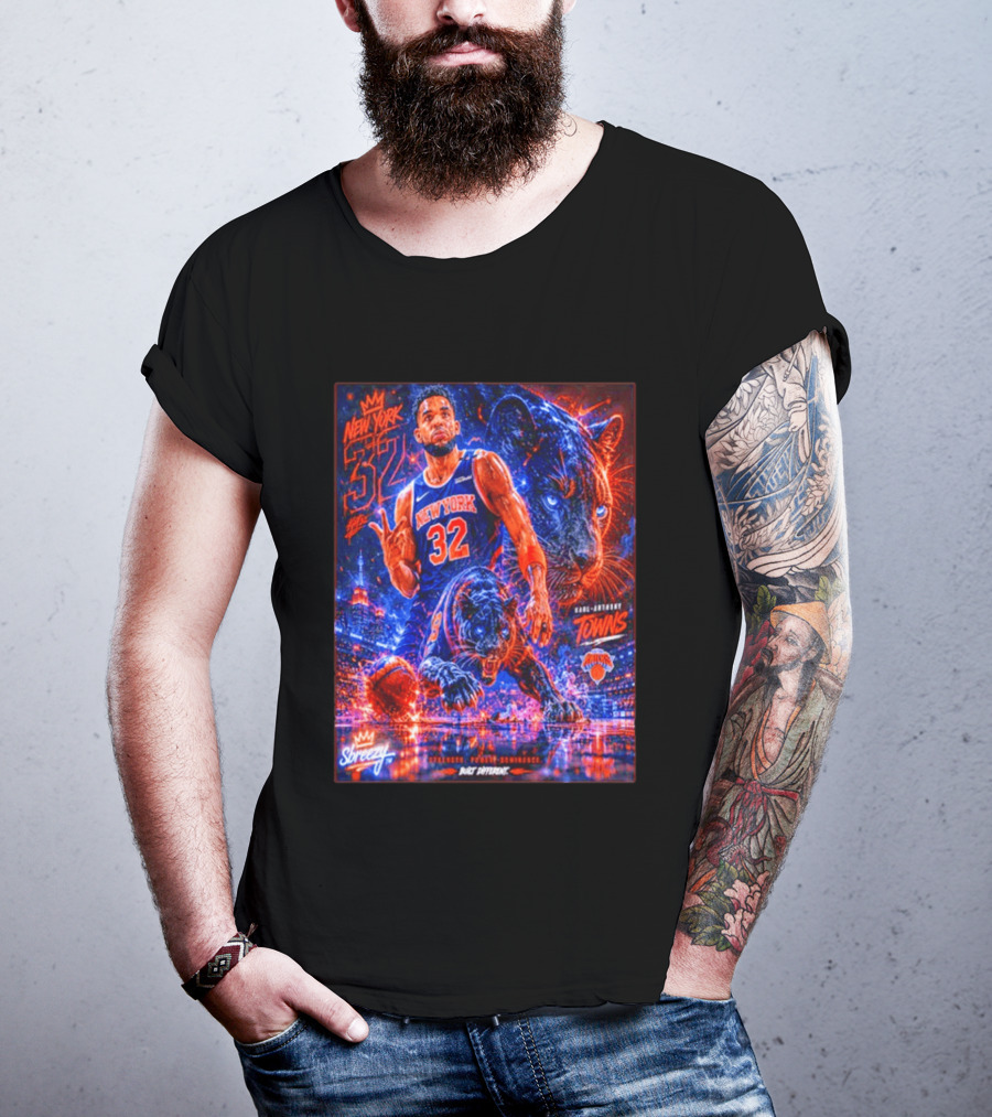New York 32 Karl Anthony Towns Panther Blossom Street Slicey NBA Knicks T-Shirt