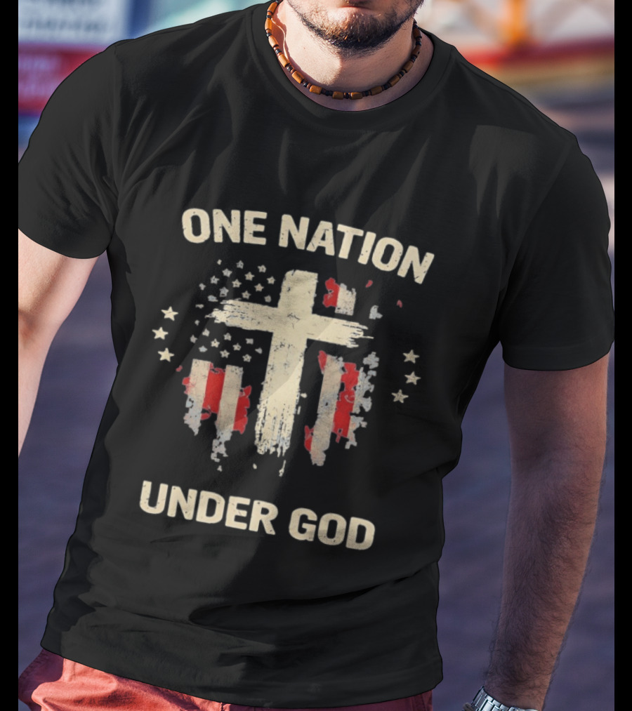 One Nation Under God Patriotic Cross American Flag Christian Faith T-Shirt