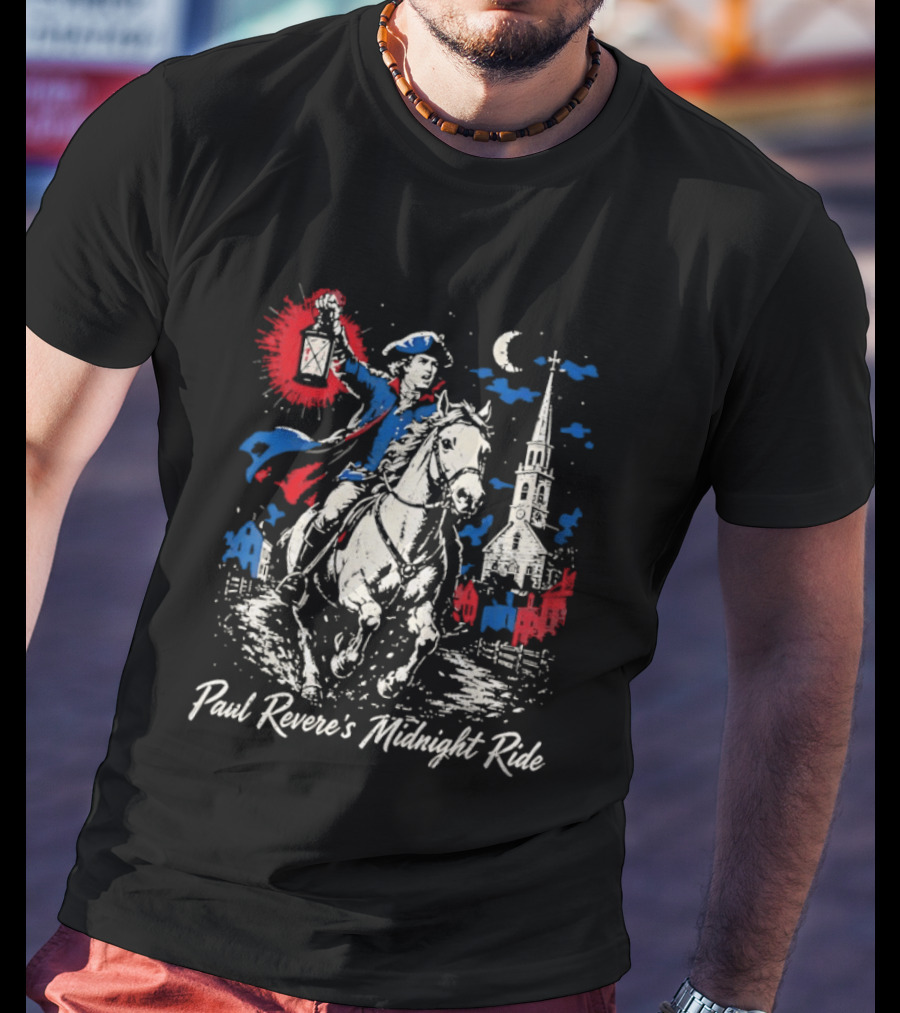 Paul Revere Midnight Ride American Revolutionary War Patriotic Historical Scene With Lantern And Church T-Shirt