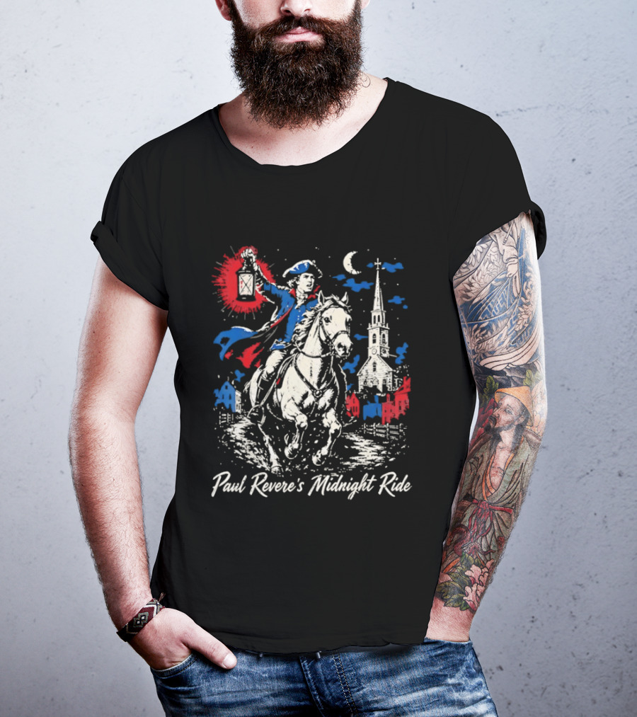 Paul Revere Midnight Ride American Revolutionary War Patriotic Historical Scene With Lantern And Church T-Shirt