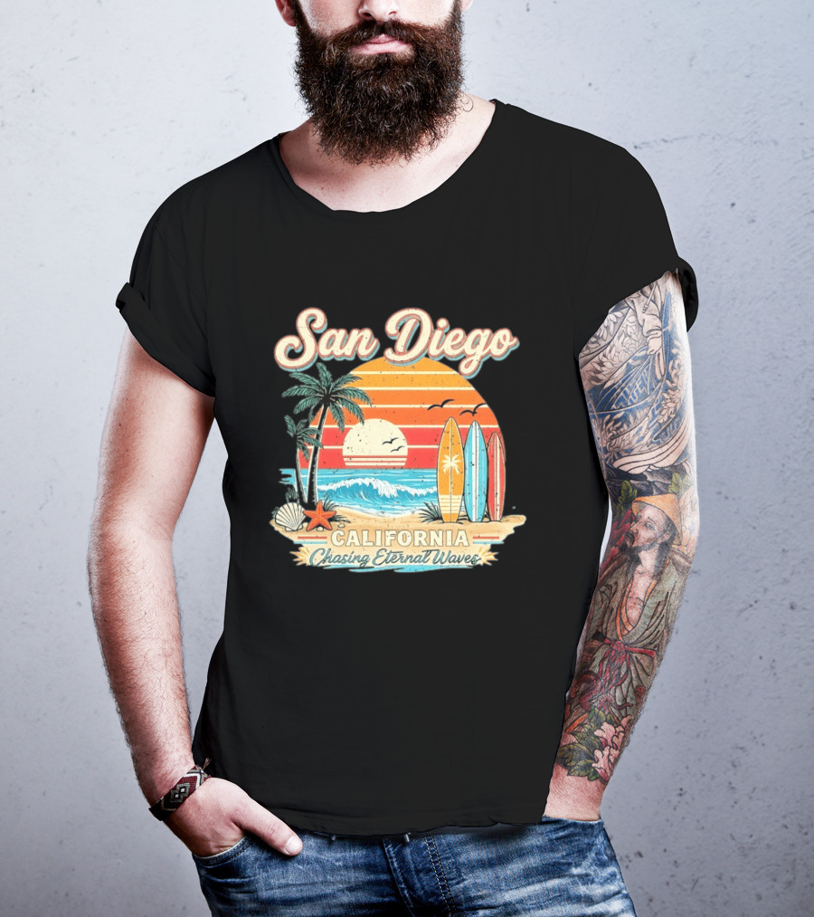 San Diego California Surfing Sunrise Chasing Eternal Waves Beach Vacation T-Shirt