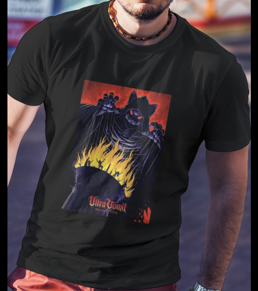 Ultra Vomit Hellfest 2026 Clisson France Jun 19 Puppet Master Cat With Fire Tower T-Shirt