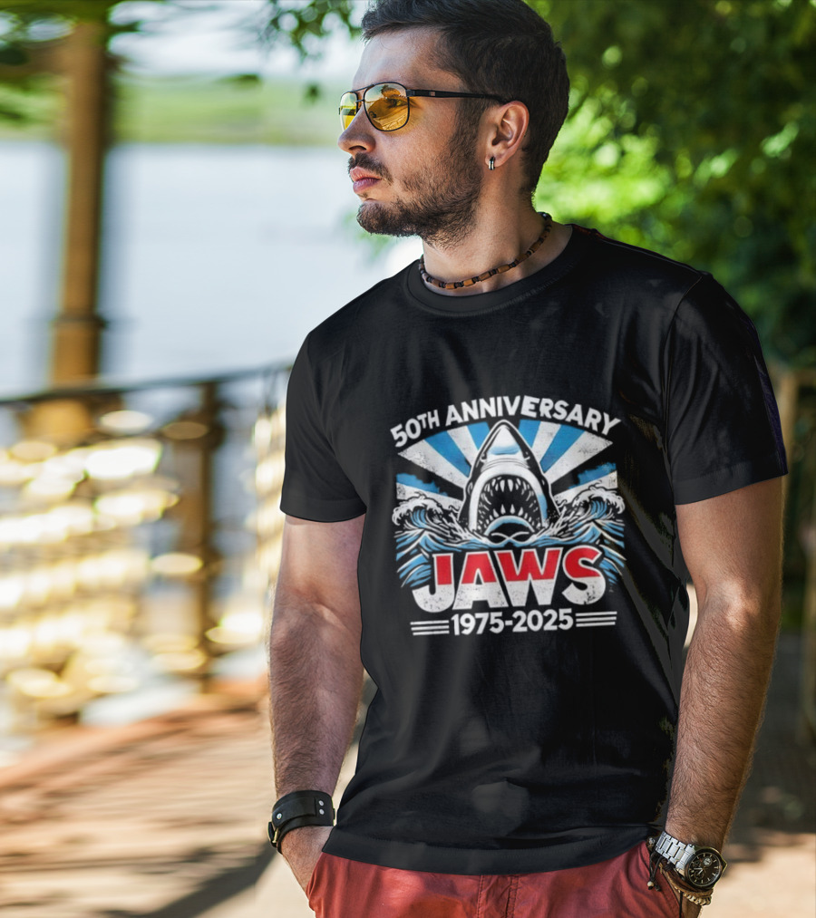 50th Anniversary Jaws 1975-2025 Shark Classic Retro Film Tribute T-Shirt