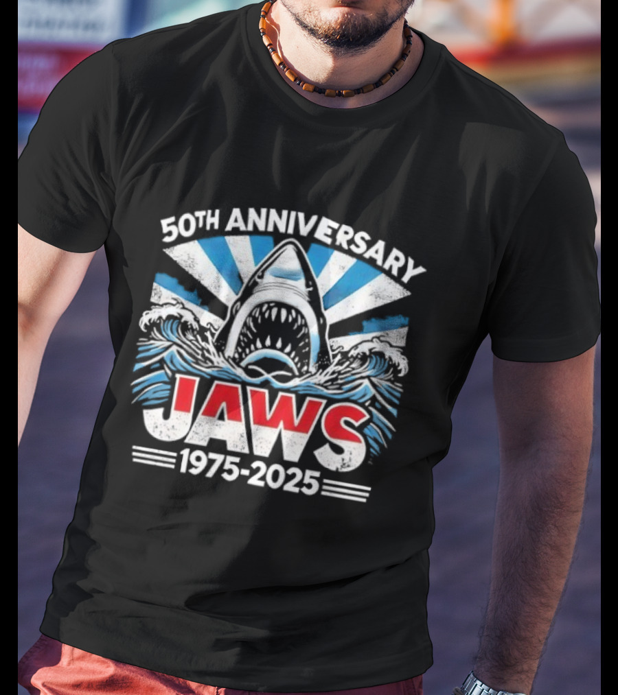 50th Anniversary Jaws 1975-2025 Shark Classic Retro Film Tribute T-Shirt