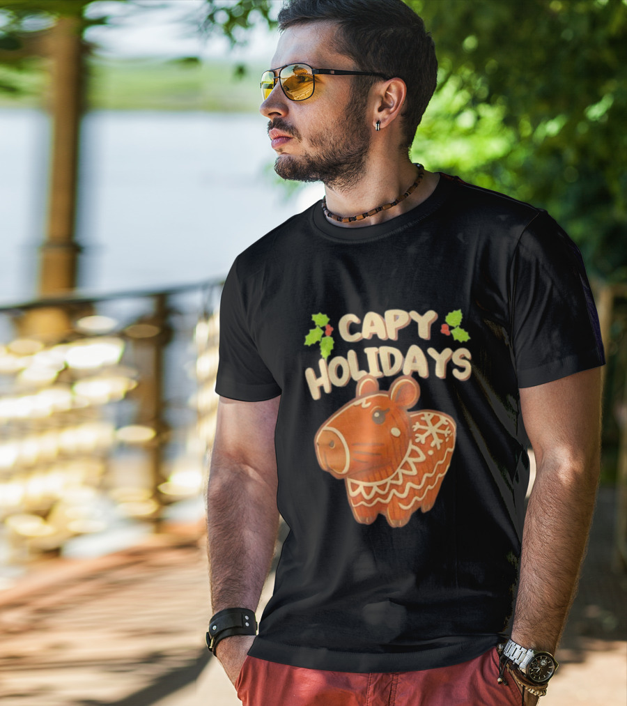 Capy Holidays Christmas Cookie Capybara With Holly Leaves T-Shirt