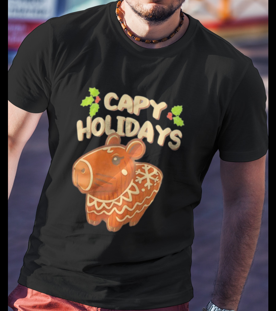 Capy Holidays Christmas Cookie Capybara With Holly Leaves T-Shirt
