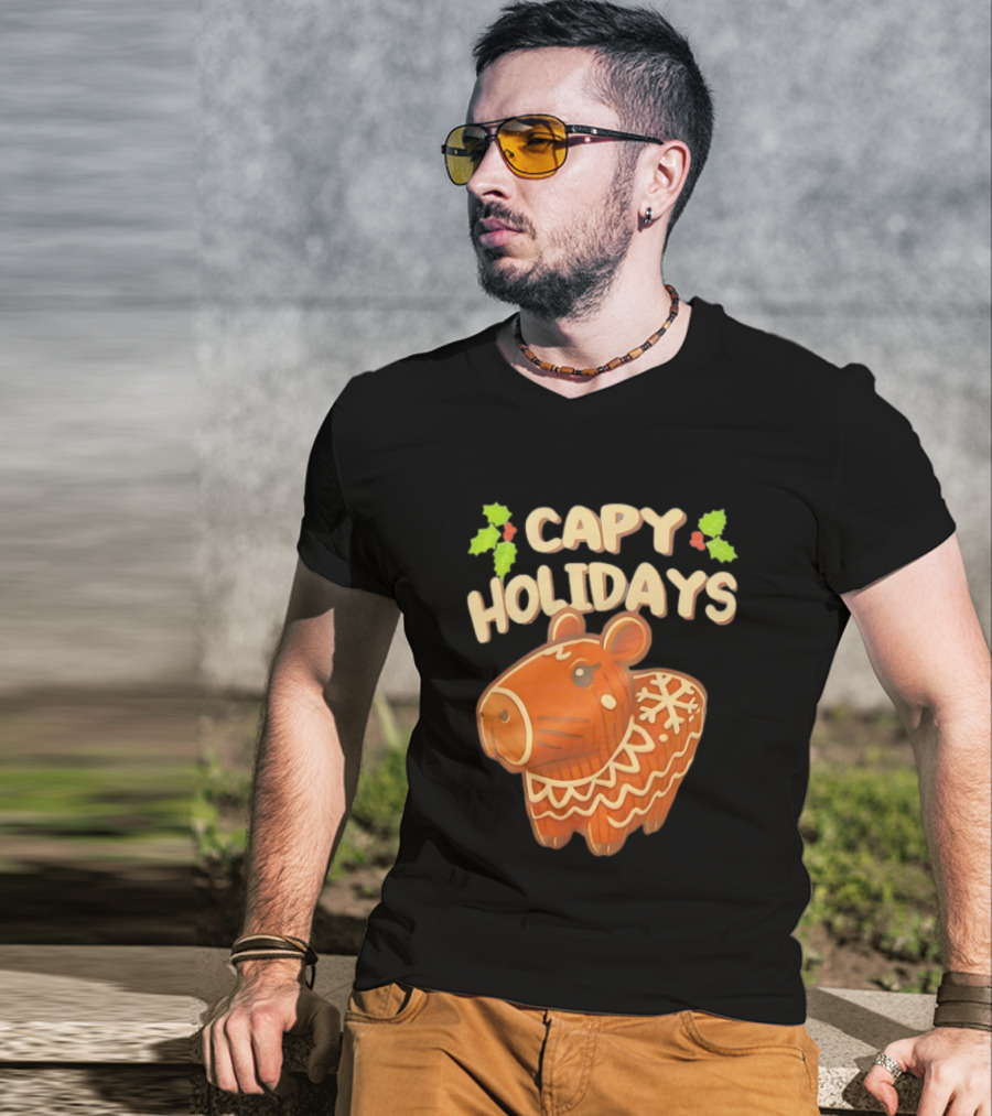 Capy Holidays Christmas Cookie Capybara With Holly Leaves T-Shirt