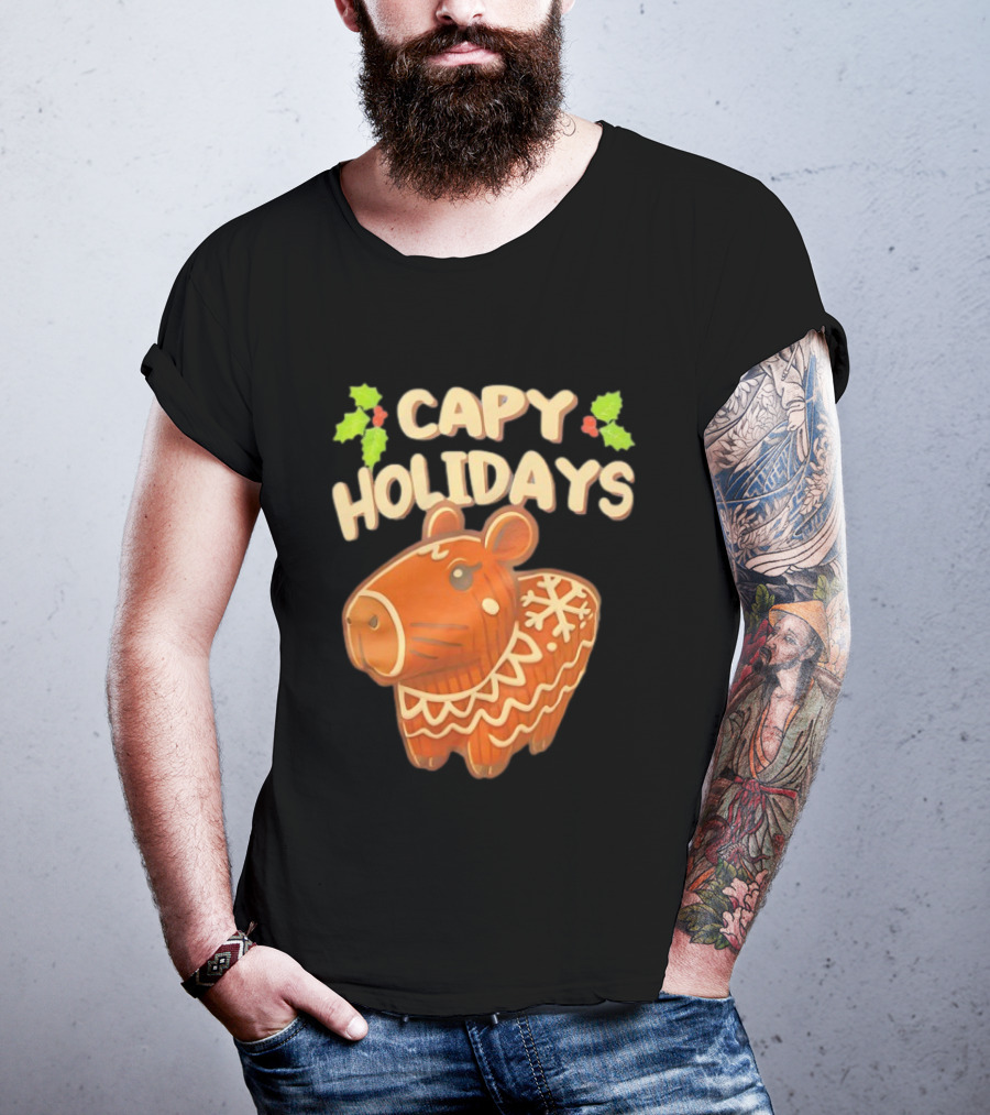 Capy Holidays Christmas Cookie Capybara With Holly Leaves T-Shirt