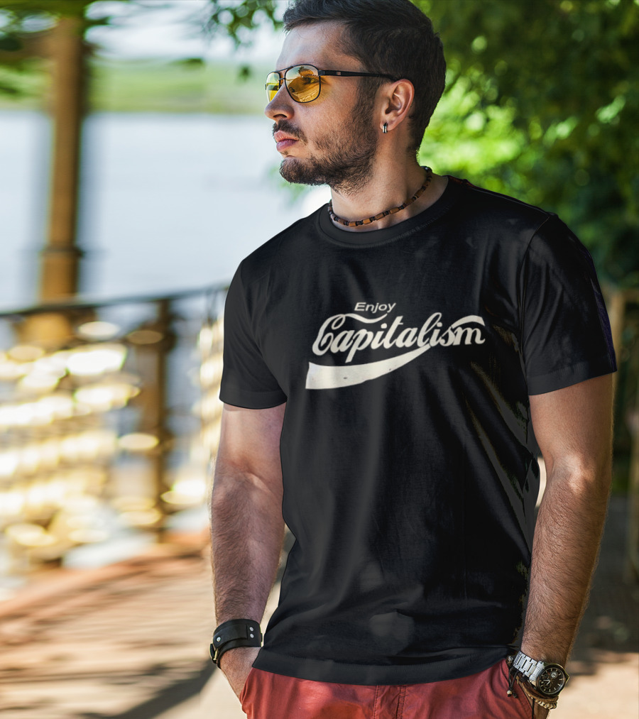 Enjoy Capitalism Coca Cola Style Typography Design T-Shirt