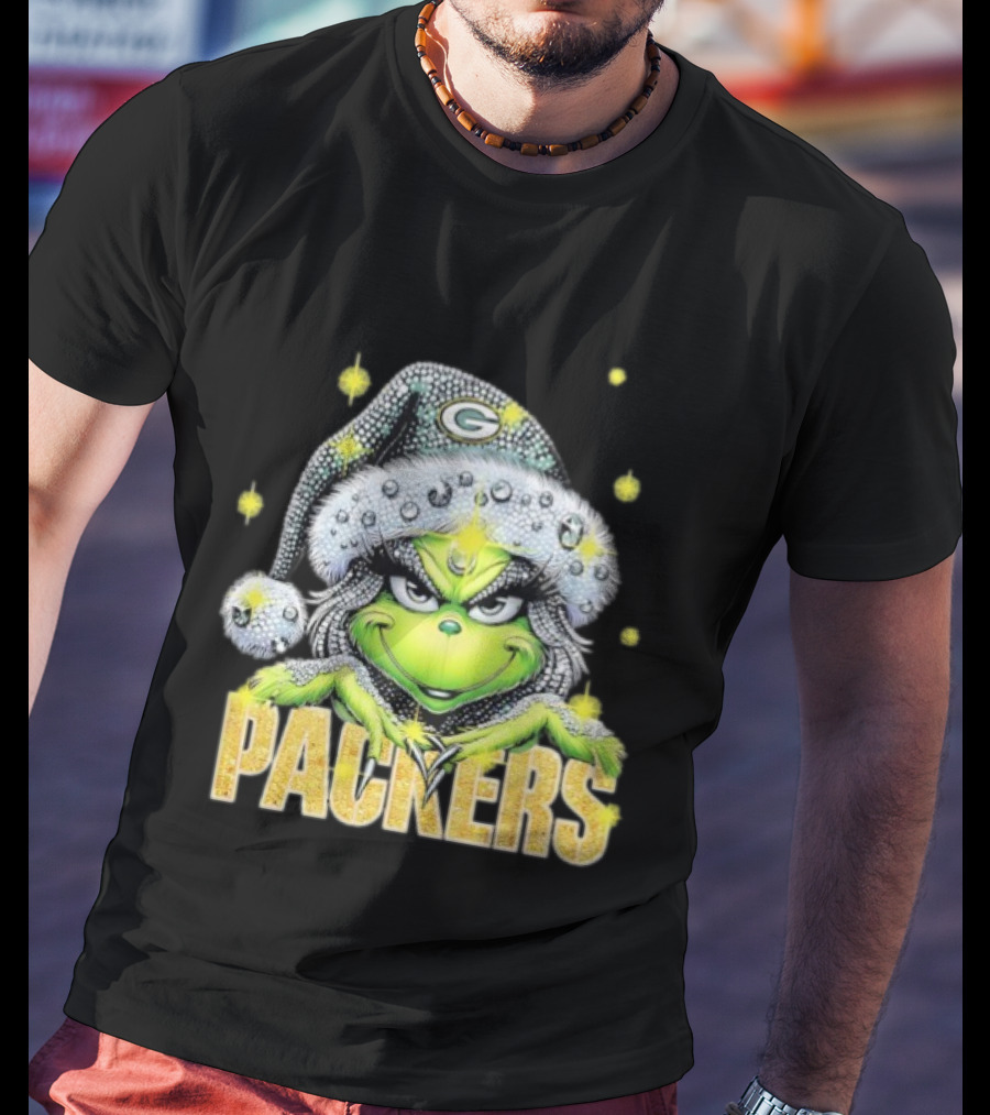Green Bay Packers Grinch Santa Hat Christmas Football Fan Apparel T-Shirt