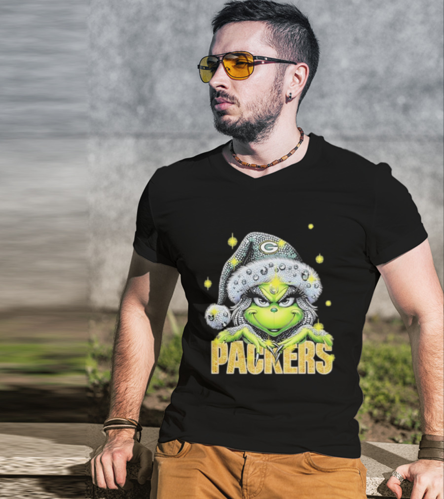 Green Bay Packers Grinch Santa Hat Christmas Football Fan Apparel T-Shirt