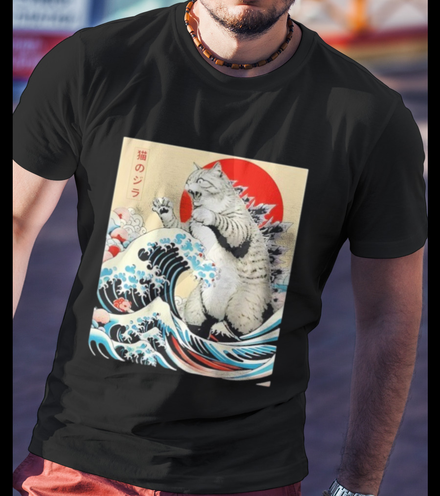 Catzilla Ukiyo-e Japanese 猫のジラ Kanagawa Waves Red Sun T-Shirt