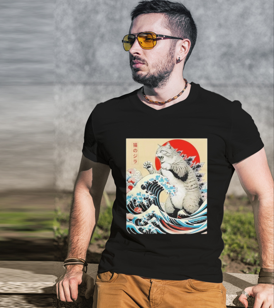 Catzilla Ukiyo-e Japanese 猫のジラ Kanagawa Waves Red Sun T-Shirt