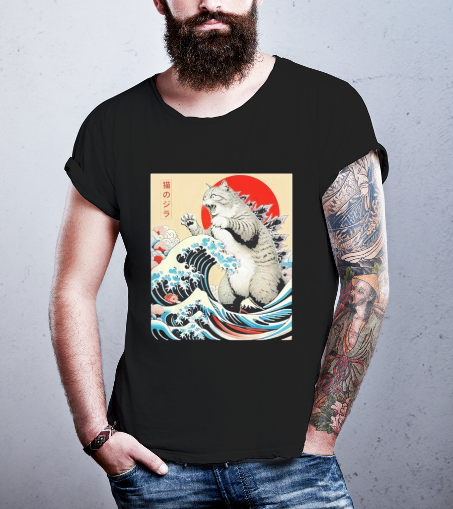 Catzilla Ukiyo-e Japanese 猫のジラ Kanagawa Waves Red Sun T-Shirt