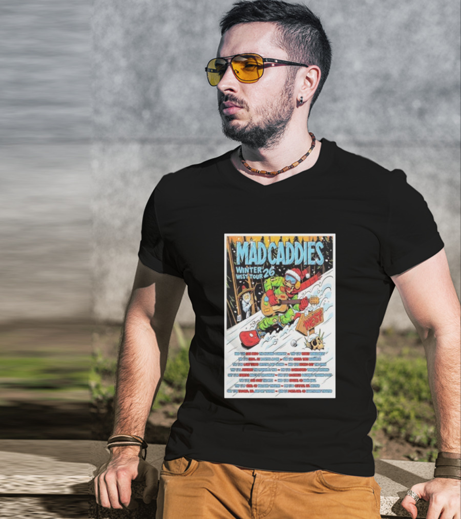 Mad Caddies Winter West Tour 26 Snowboarding Santa Skeleton Guitarist T-Shirt
