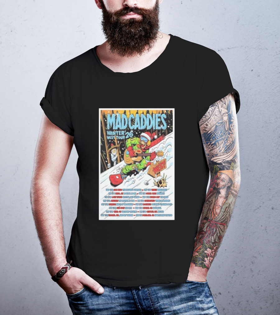Mad Caddies Winter West Tour 26 Snowboarding Santa Skeleton Guitarist T-Shirt