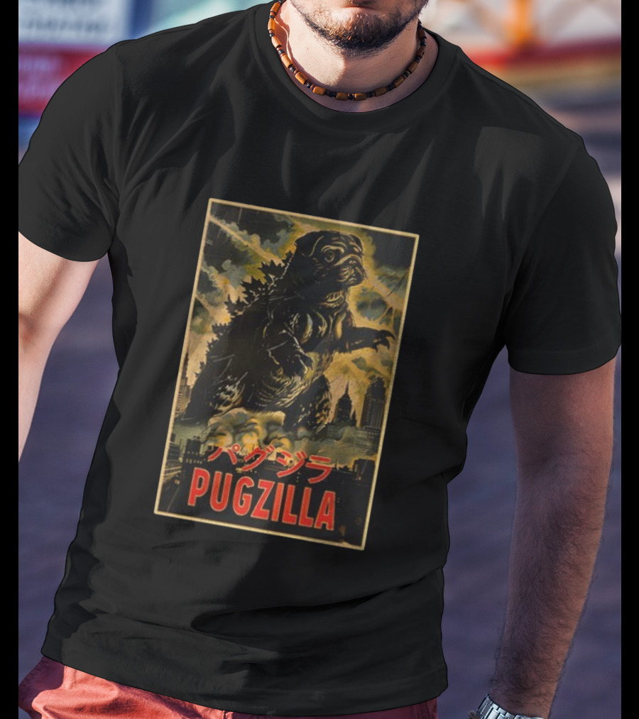 Pugzilla パグジラ Retro Japanese Movie Monster Urban Skyline T-Shirt