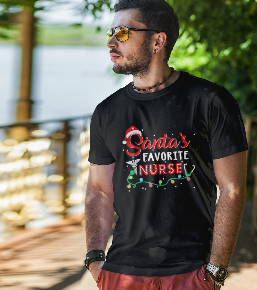 Santa's Favorite Nurse Christmas With Santa Hat And Stethoscope T-Shirt