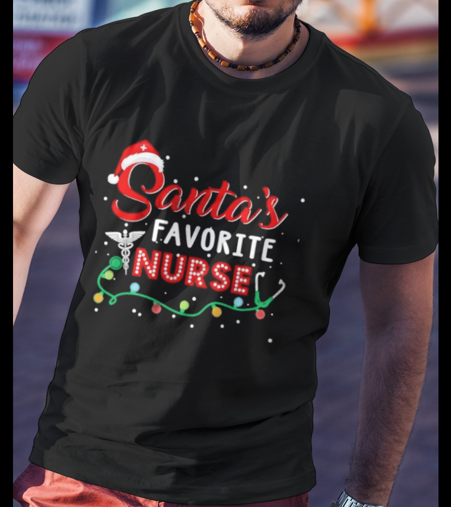 Santa's Favorite Nurse Christmas With Santa Hat And Stethoscope T-Shirt