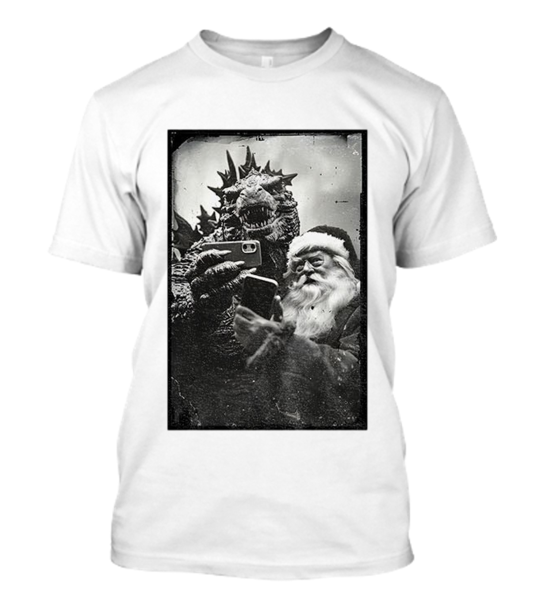 Godzilla Santa Claus Black And White Vintage Selfie T-Shirt
