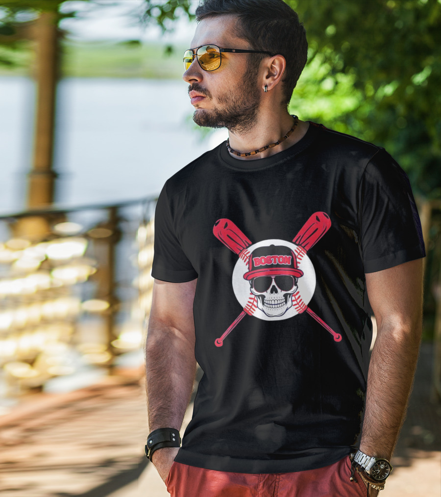 Boston Baseball Skull With Crossed Bats T-Shirt
