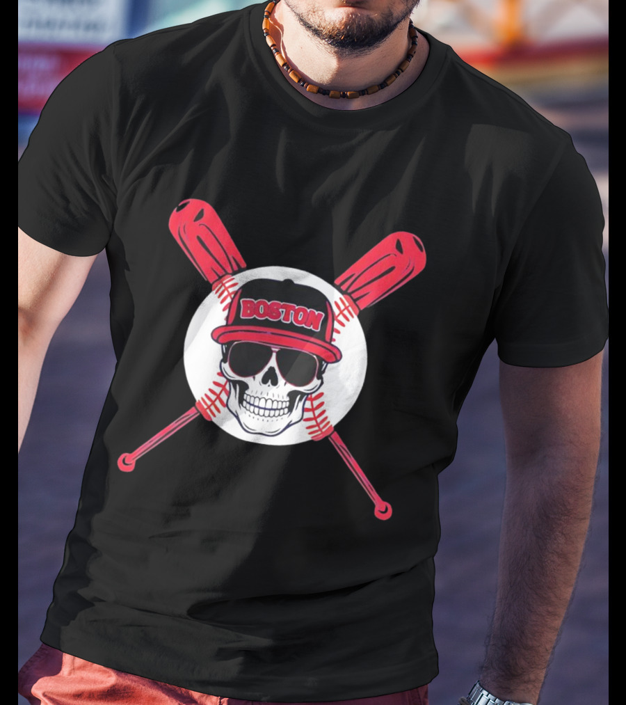 Boston Baseball Skull With Crossed Bats T-Shirt