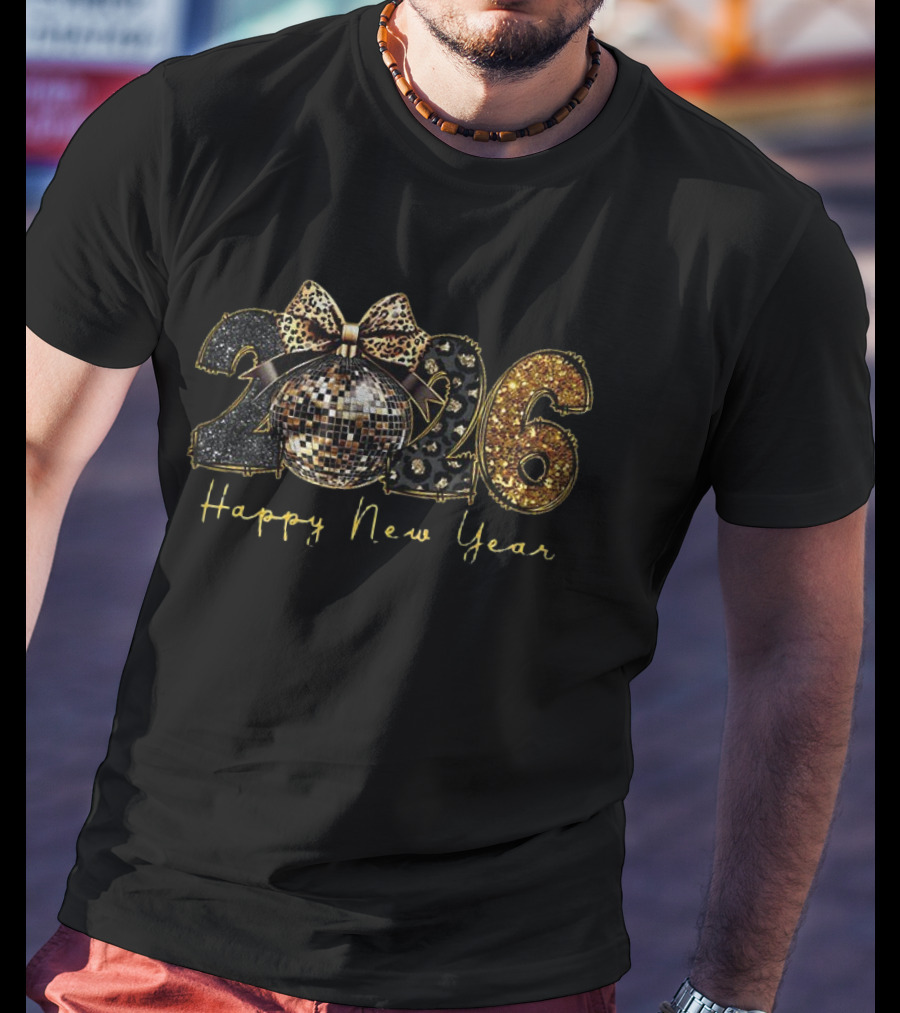 2026 Black Gold Disco Ball Leopard Print Happy New Year T-Shirt