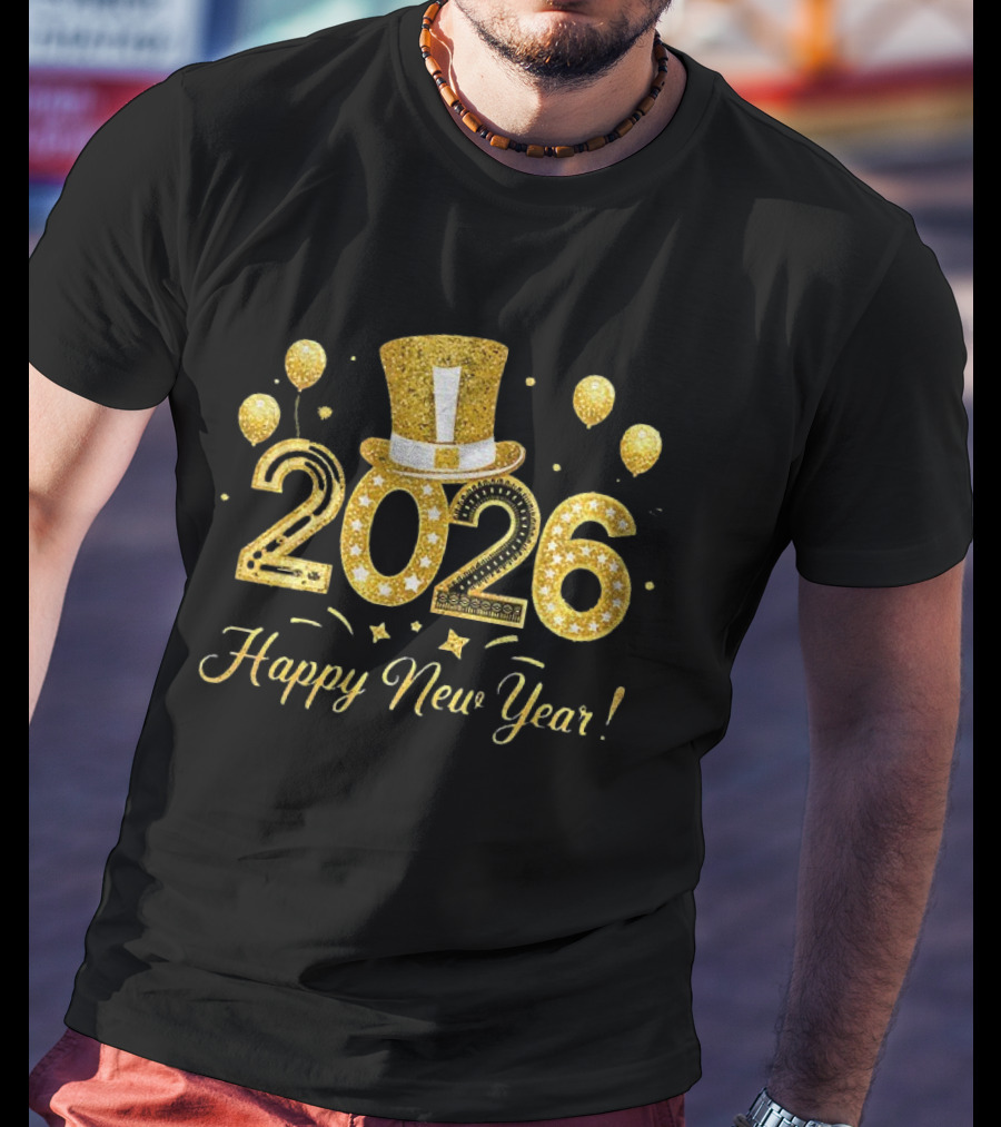 2026 Gold Glitter Balloons And Top Hat Happy New Year Celebration T-Shirt
