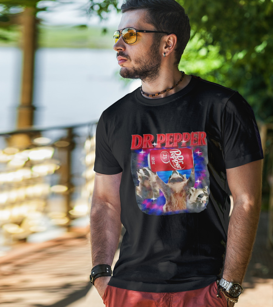Dr Pepper Raccoons With Can And Cosmic Background T-Shirt