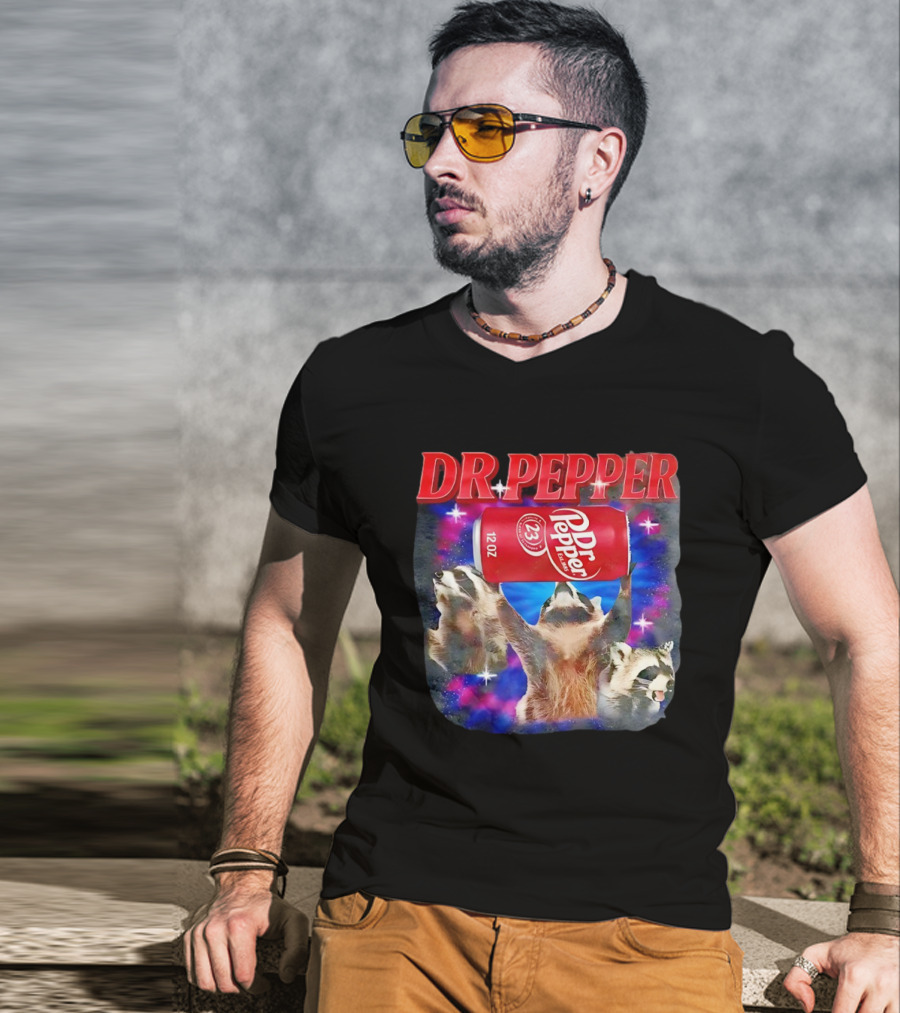 Dr Pepper Raccoons With Can And Cosmic Background T-Shirt