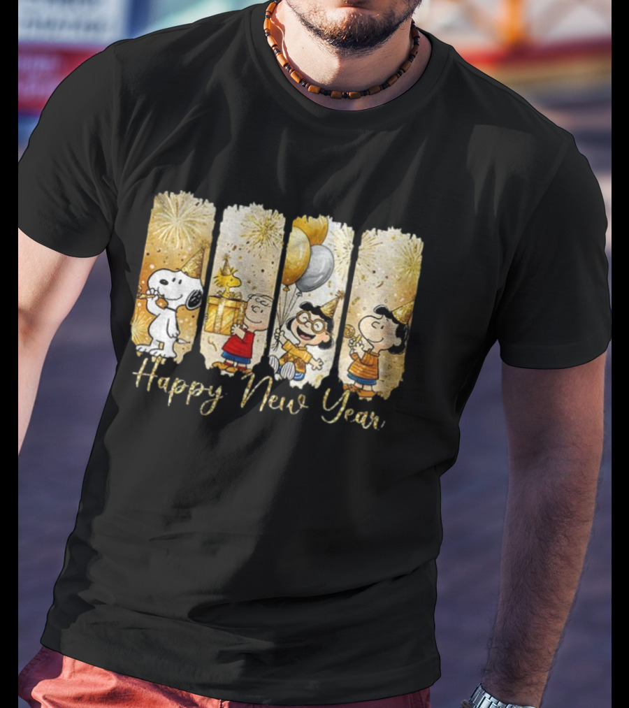Snoopy And Friends Happy New Year Balloons Fireworks Party T-Shirt